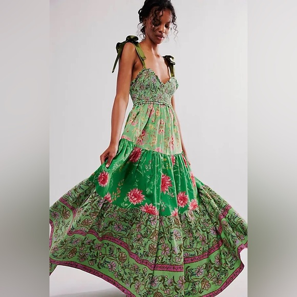 Free People | Dresses | Nwot Free People Bluebell Maxi Dress Green Candy  Combo Smocked Tiered Ribbon | Poshmark